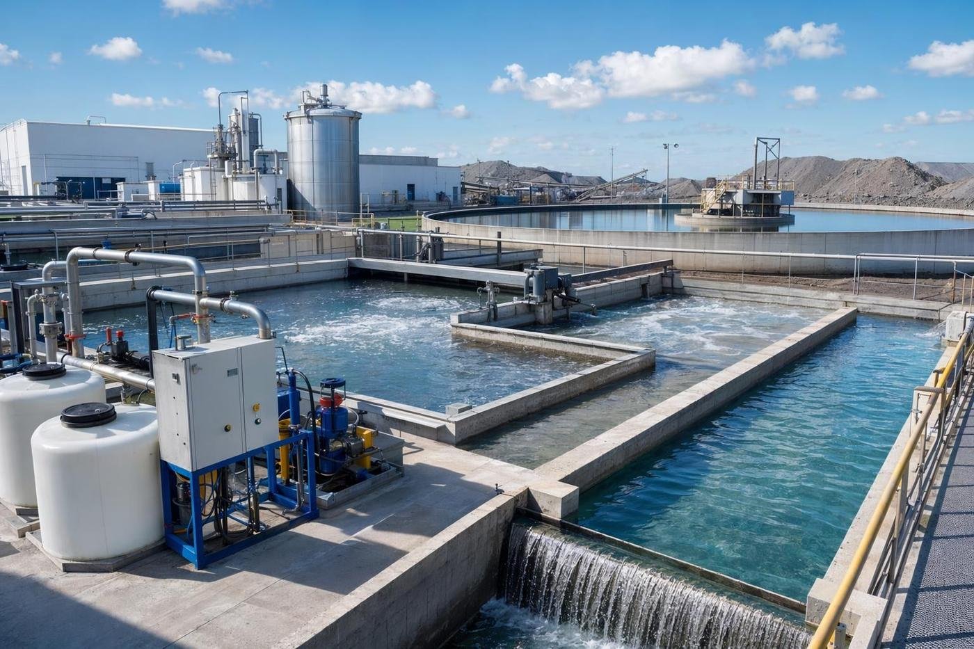 Water-treatment facility illustrating clarification and process-water handling
